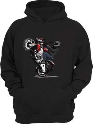 Widi Ön Kaldıran Racing Motorcu Baskılı 3 Iplik Kalın Şardonlu Kanguru Cepli Sweatshirt