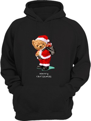 Widi Ayıcık Baskılı Yılbaşı Noel Baba Merry Chirstmas Geyik Regular Fit %100 Pamuk Siyah Sweatshirt