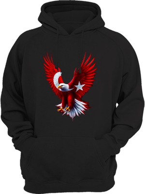 Widi Türkiye Ay Yıldız Bayrak Kartal Baskılı 3 Iplik Kalın Şardonlu Kanguru Cepli Sweatshirt