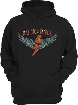 Widi Rock And Roll Rock Müzik Kanat Baskılı 3 Iplik Kalın Şardonlu Kanguru Cepli Sweatshirt