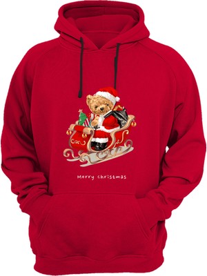 Widi Sevimli Ayıcık Yılbaşı Merry Christmas Noel Baskılı Regular Fit %100 Pamuk Kanguru Cepli Sweatshirt