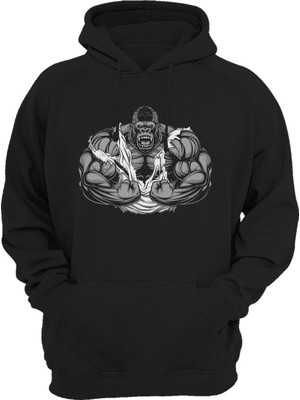 Widi Fitness Gym Sporcu Goril Baskılı 3 Iplik Kalın Şardonlu Kanguru Cepli Siyah Sweatshirt