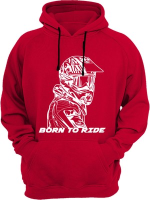 Widi Unisex Motorsiklet Motorcu Baskılı Born To Ride Kask Regular Fit %100 Pamuk Kırmızı Sweatshirt