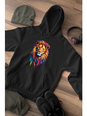 Widi Renkli Aslan Baskılı Regular Fit Pamuk Çocuk Siyah Sweatshirt