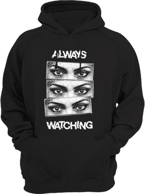 Widi Unısex Always Watchıng Baskılı Streetwear Cool Kanguru Cepli Siyah Sweatshirt