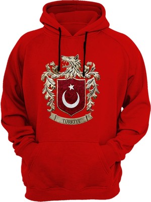 Widi Bozkurt Sembolü Türkiye ve Türk Bayrağı Kurt Baskılı %100 Pamuk Kırmızı Sweatshirt