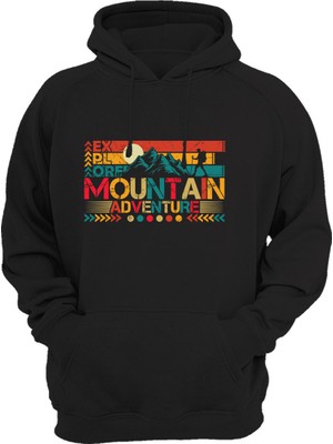 Widi Outdoor Adventure Mountain Baskılı Dağ Yürüyüş 3 Iplik Kalın Şardonlu Kanguru Cepli Siyah Sweatshirt