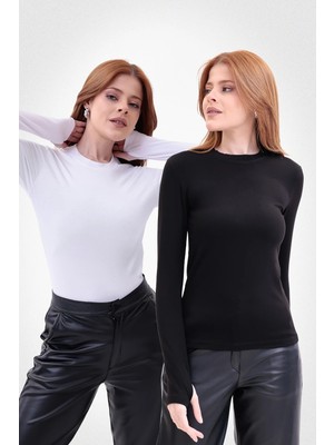 Yade Fashion Parmak Detaylı Bisiklet Yaka Body  2\'li Set