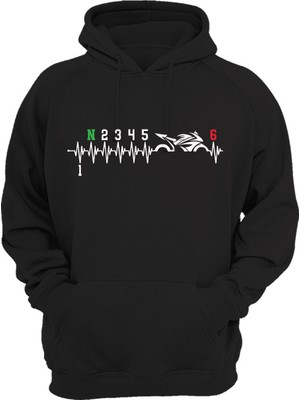 Widi Motorsiklet Motorcu Kalp Ritmi 1N23456 Vites Geçişleri %100 Pamuk Siyah Sweatshirt