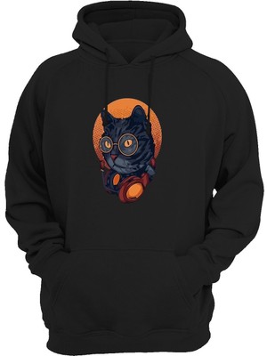 Widi Kedi Baskılı Siyah Sweatshirt Unisex