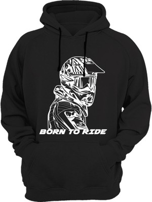 Widi Unisex Motorsiklet Motorcu Baskılı Born To Ride Kask Regular Fit %100 Pamuk Siyah Sweatshirt
