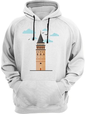 Widi Istanbul Galata Baskılı %100 Pamuk Kalın Şardonlu Beyaz Sweatshirt