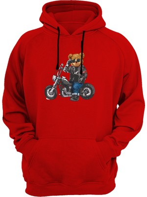 Widi Motorcu Ayı Baskılı Kırmızı Sweatshirt