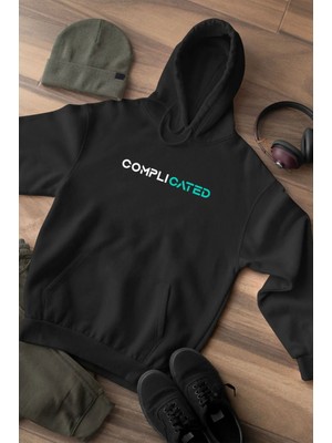 Widi Streetwear Şık Complicated Yazı Baskılı 3 Iplik Kalın Şardonlu Kanguru Cepli Siyah Sweatshirt