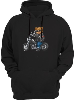 Widi Motorcu Ayı Baskılı Siyah Sweatshirt
