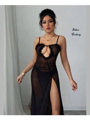 Intive Lingerie Carmen Göğsü Dekolteli Yanı Yırtmaçlı Transparan Tülden Uzun Feminen Gecelik