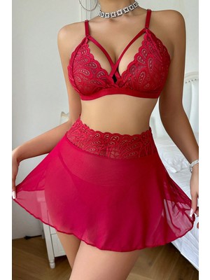 Intive Lingerie Kadın Kırmızı Göğsü ve Beli Dantel Detaylı Etekli Takım