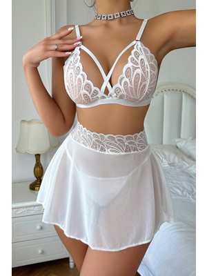 Intive Lingerie Kadın Beyaz Göğsü ve Beli Dantel Detaylı Etekli Takım