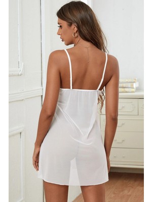 Intive Lingerie Kadın Beyaz V Yaka Dantel Detaylı Tül Gecelik