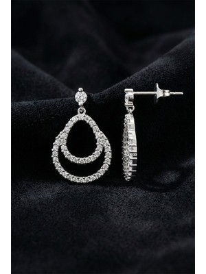 Roza Silver 925 Ayar Gümüş Rodyum Kaplama Zirkon Taşlı Çift Katmanlı Damla Çivili Küpe