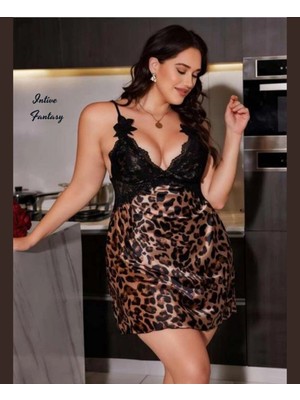 Intive Lingerie Intive Fantasy Leopar Desen V Yaka Göğsü Dantelli Büyük Beden Mini Gecelik