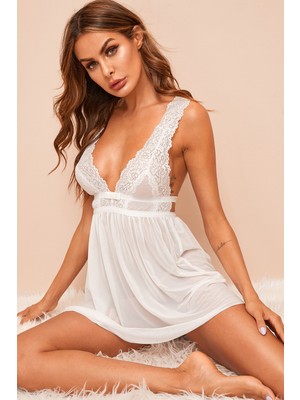 Intive Lingerie Kadın Beyaz Dantelli Sırtı Açık Gecelik