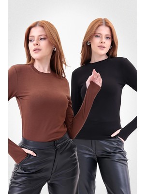 Yade Fashion Parmak Detaylı Bisiklet Yaka Body  2\'li Set