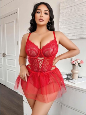 Intive Lingerie Kadın Çapraz Ipli Dantelli Büyük Beden Tüllü Transparan Fantezi Gecelik 8008