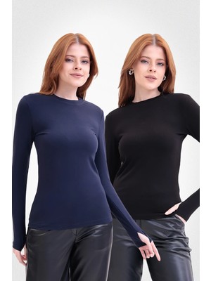 Yade Fashion Parmak Detaylı Bisiklet Yaka Body  2\'li Set