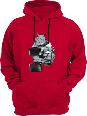 Widi Gym Sporcu Fitness Dumbell Kaldıran Boğa Baskılı %100 Pamuk Kırmızı Sweatshirt