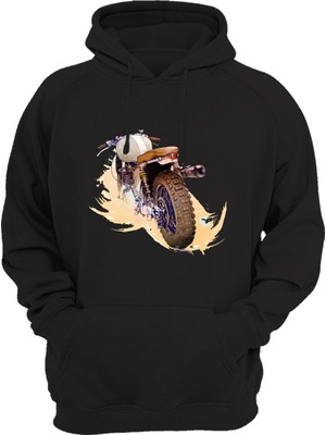 Widi Klasik Motosiklet Baskılı Vintage Old Motor 3 Iplik Kalın Şardonlu Kanguru Cepli Sweatshirt