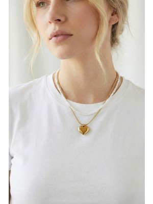 Jewels of Hope İncili ve Ayna Plaka Kalp Motifli 316L Çelik Kadın Kolye - Kararmaz Gold Zincir 45 cm