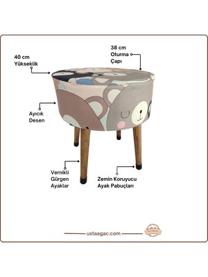 Usta Ağaç USTAAAC Ayıcık Desenli Çocuk Pufu – El Yapımı, Ahşap Ayaklı Dekoratif Tabure