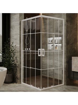 Monaqua Arteko Duşakabin Kare - Beyaz Profil - Karolaj Beyaz Çizgili 5mm Cam