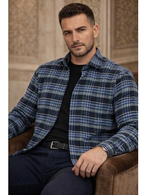 Varetta Erkek Mavi Kışlık Gömlek Klasik Kesim Uzun Kol Cepli Kareli