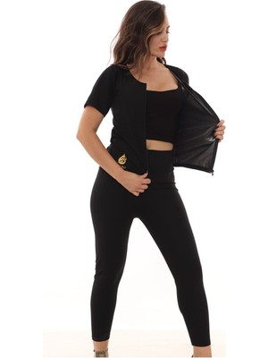 Sauna Suit Kadın  Sauna  Maksimum  Tayt ve Fermuarlı Kısa Kollu Takım