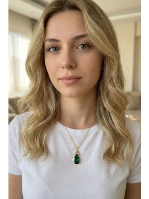 Yeşil Damla Taş Kadın Kolye 46 cm Paslanmaz Çelik Kolye