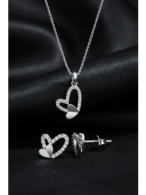 Roza Silver 925 Ayar Gümüş Rodyum Kaplama Zirkon Taşlı Minimal Asimetrik Kalp Kolye-Küpe 2'li Set