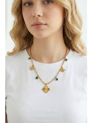 Nazar Figürlü 4 Yapraklı Yonca Kolye 47 cm Paslanmaz Çelik Kadın Kolye