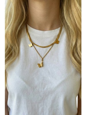 Jewels of Hope Çift Zincirli Kelebek Figürlü 316L Çelik Kadın Kolye - Kararmaz Gold Kombin 45 cm