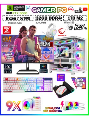 Zeiron Warrior Eagle X55 White Pro Ryzen 7 5700X 32GB 1tb M.2 SSD RTX5060 27" 240Hz Sıvı Soğutmalı Premium Oyuncu Bilgisayar