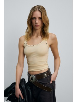 Ethiquet Lıllesol Kadın Fitilli Görünümlü Slim Fit Vücuda Oturan Havuz Yakalı Pamuklu Basic Bej Taşlı Atlet