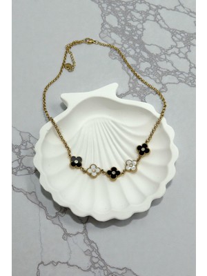 Siyah-Beyaz Sedef Taşlı 4 Yapraklı Yonca Kolye Paslanmaz Çelik Kadın Kolye 45 cm