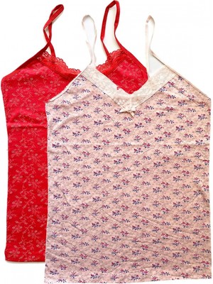 MiraLive 2 Adet Kadın Askılı Desenli Atlet Dantelli Empirme Pamuklu Penye D9-10