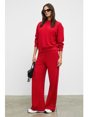 Ethiquet Anselma Kadın Organik Pamuklu Regular Beli Lastikli Kordonlu Çift Cepli Geniş Paça Kırmızı Alt-Üst Takım
