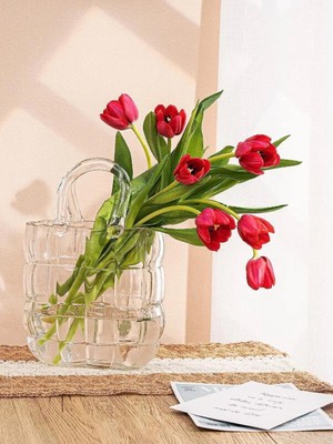 PremiumPort Şeffaf Cam Vazo, Dekoratif Çanta Şekli, Modern ve Şık Tasarım