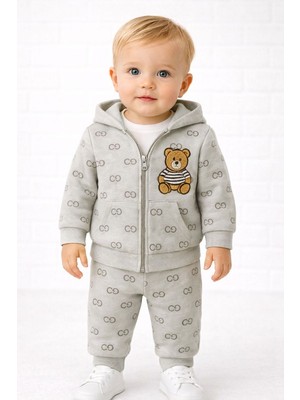 Rapapa Bebek 3’lü Takım – Kapüşonlu Fermuarlı Hırka + Baskılı Tişört + Eşofman Altı 6146G