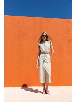 Kameya Çizgi Detay Bel Büzgülü Bluz 25S10701