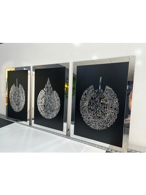 PremiumPort Siyah Mdf Üzeri Gümüş Pleksi 3'lü Dini Duvar Dekorasyon Set 60X42 cm