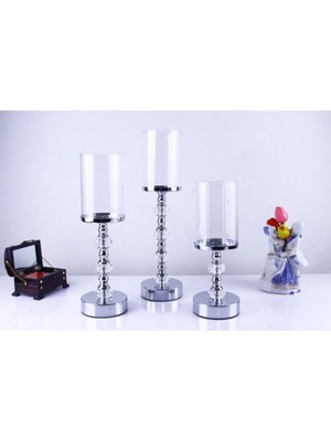 PremiumPort Şık Kristal Taşlı Ayaklı Gümüş Renkli 3'lü Şamdan Seti